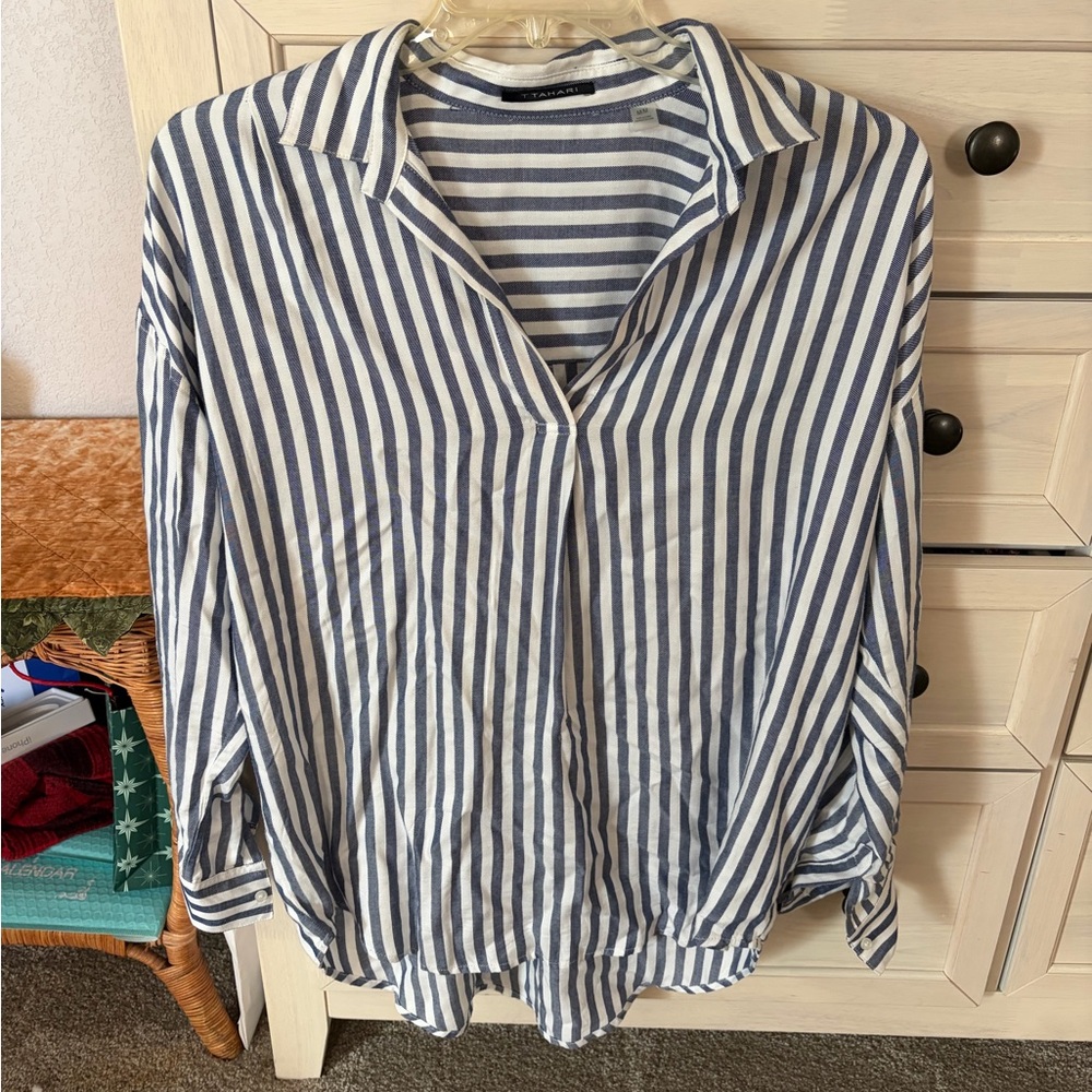 T Tahari Navy and White Striped Button Down Shirt